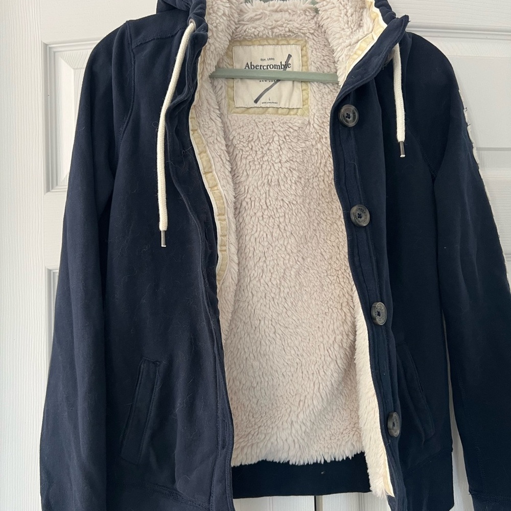 Abercrombie & Fitch Girls Hoodie size L, Navy Sequins Logo Full Zip Sherpa Lined